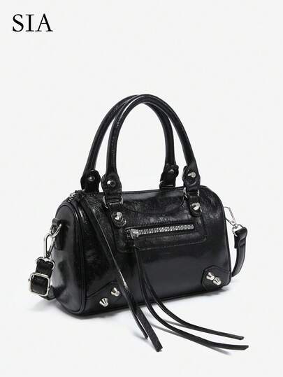 1pc Women's Retro Y2K Motorcycle Punk Style Rivet Decorated Faux Oil-Wax Leather Tote Handbag With Multiple Pockets, Suitable For Going Out, Dates, Parties, 2000s Fashion Style Bag For Women, Vintage Bag For Women , Goth