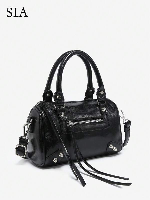 1pc Women's Retro Y2K Motorcycle Punk Style Rivet Decorated Faux Oil-Wax Leather Tote Handbag With Multiple Pockets, Suitable For Going Out, Dates, Parties, 2000s Fashion Style Bag For Women, Vintage Bag For Women