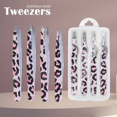 4件套野生豹纹眉夹套装，粘性挂钩两用，女士化妆必备，价格实惠，可用于房间装饰、梳妆台、旅行、卧室等场合，包含化妆配件、镊子等，是圣诞礼物、礼物、女士礼物、圣诞礼物的理想之选。