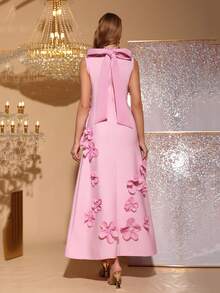 Modphy Nuevo vestido elegante de cuello alto sin mangas con decoración floral 3D, cinta de mariposa, vestido de noche largo para el Día de San Valentín, boda, fiesta, ocasión formal, vestido de invitada de boda, vacaciones de primavera en color rosa - Rosa - Ver 5