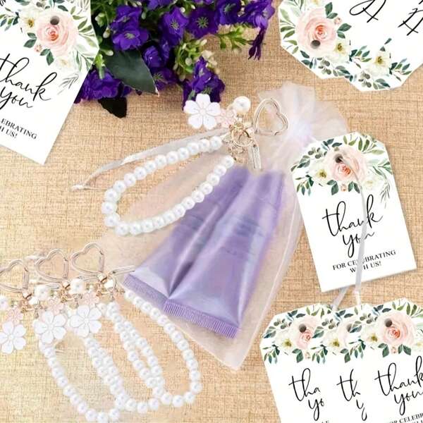 Set da 3 pezzi/15 pezzi di portachiavi in lega con perle e motivo floreale, ciondolo a doppio fiore, ornamento pendente con perle, include biglietto di ringraziamento e sacchetto di organza, regalo di nozze, per damigelle e testimoni, adatto per forniture per feste nuziali, accessorio portachiavi
