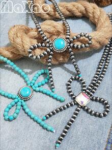 Women's Retro Style Pearl Necklace With Bow Design, Suitable For Daily Wear - Bow Beaded Necklace - View 3