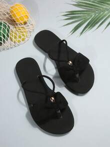 New Fashion Elegant & Minimalist Women Beach Resort Bohemian Style Slippers, Suitable For Home, Outing And Holiday, Soft And Comfortable Flat - Black - View 5