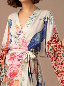 Women's Printed Beach Smock Peacock Pattern Positioning Printed Belt Holiday Sun Protection Long Cardigan - Apricot - View 4