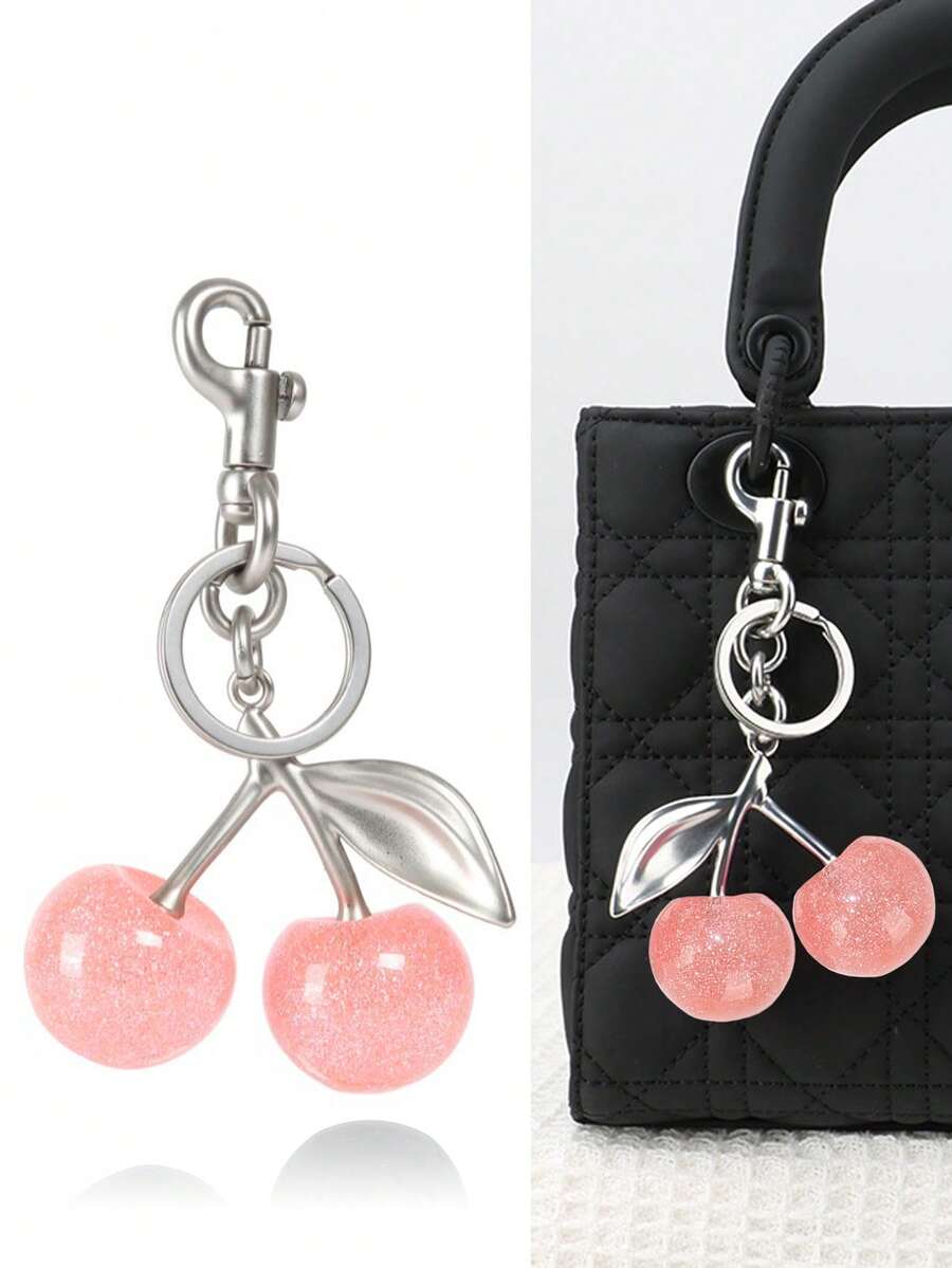 1 件新款时尚水晶樱桃吊坠金属钥匙扣，适合日常佩戴，用于包包配饰，可送家人礼物、朋友礼物、同学礼物、情侣礼物、生日礼物、教师礼物、纪念品情人节