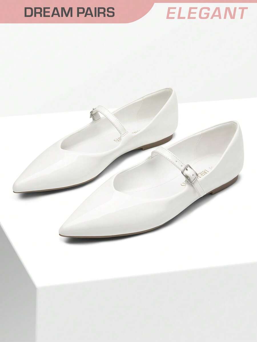 Women Fashion Flats Pointed Toe Ballet Flats Elegant Mary Jane With Buckle Strap Spring Summer Shoes - trắng - Xem 1