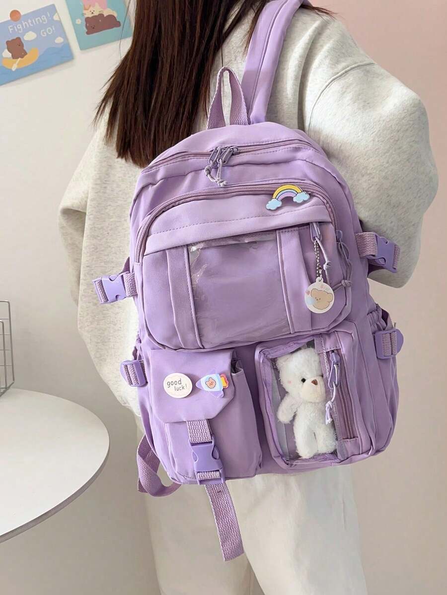 Two Tone Classic Backpack Letter Patch,Kawaii School Style: Cute Nylon Backpack With Pins & Accessor - Purple - View 1