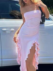Women's Elegant Solid Color Ruffle Hem High Slit Maxi Strapless Dress - Pink - View 6