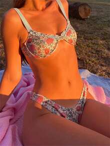 Women's Floral Bikini Set Ruffled Trim Plaid Double Shoulder Straps Bandeau Swim Top Low Waist Triangle Swimsuit - Light Blue - View 4