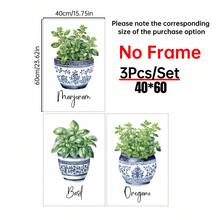 三件套水彩植物印花画，蓝白陶瓷花瓶 - 罗勒、牛至、马郁兰主题 | 餐厅和厨房的完美墙面装饰 | 无框帆布艺术画 | 理想的礼物和节日装饰品，适合生日、毕业典礼、厨房装饰 - 3pcs - 查看 14