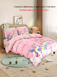 Conjunto de cama com tema de unicórnio 4 peças para crianças, incluindo capa de edredom, lençóis confortáveis, 160x240cm/220x240cm