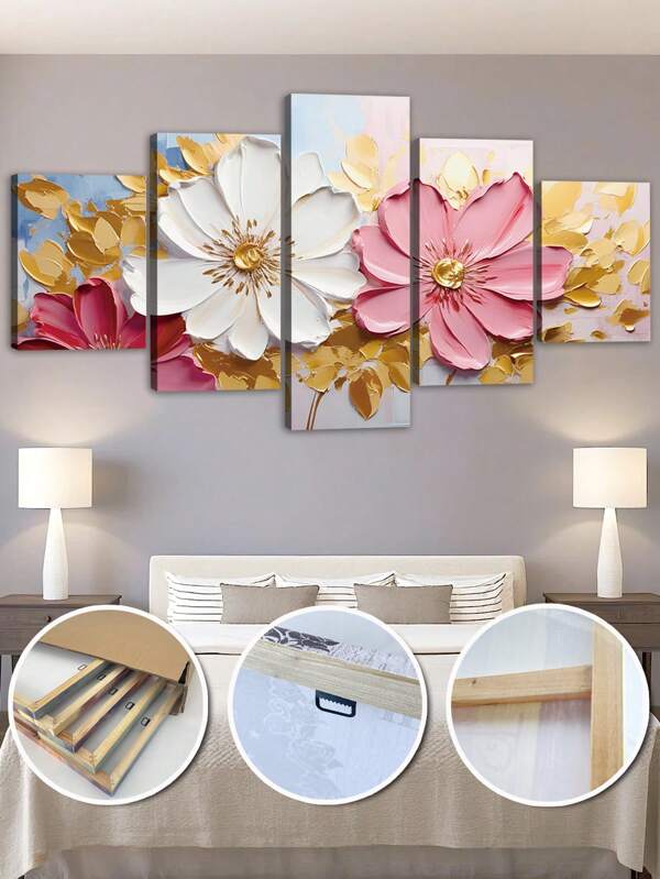1/5-Piece Peony Flower Canvas Wall Art Set - Modern Wall Art With Frame,Summer Decor, Farmhouse Style Framed Prints, Indoor Floral Posters For Living Room, Bedroom, Dining, Dorm - Spring & Winter Seasonal Decor, Cartoon Pattern, Wood Frame, Landscape Theme