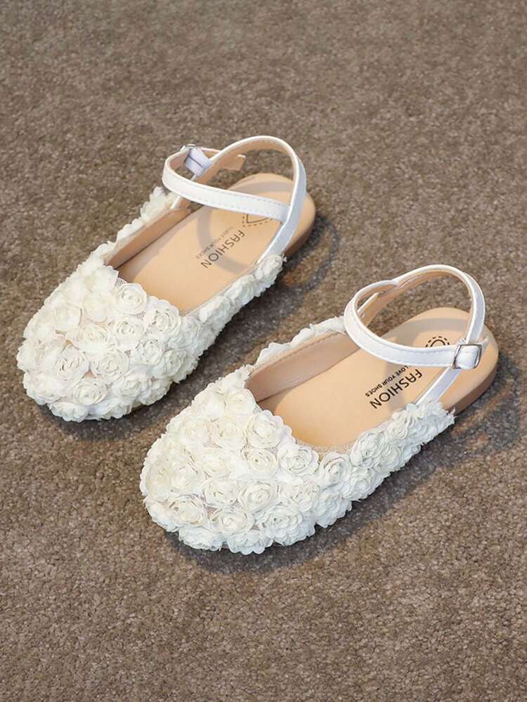 1 双女童时尚可爱花朵装饰公主鞋，耐磨防滑平底鞋，适合夏季日常穿着和户外活动 - 米色 - 查看 6