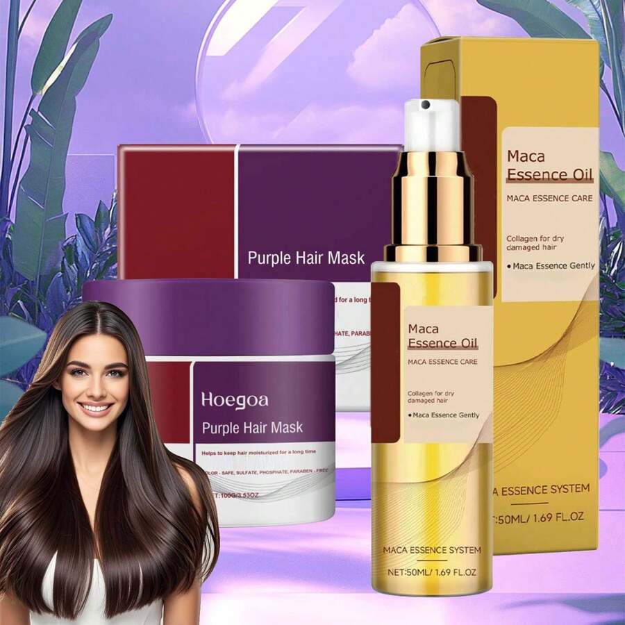 Hair Care Set-Purple Hair Mask With Maca Essence Argan Oil, Purple Hair Mask Neutralizes Brass & Yellow Tones, Ideal For Blonde & Silver-Gray Highlights, Argan Oil Hair Care For Smooth, Shiny Hair-Collagen-Infused Moisturizing Hair Serum-Gift Kits - 1 BỘ - Xem 1