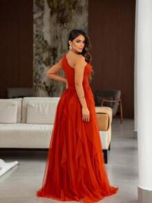 One-Shoulder Layered Bridesmaid Prom Dress - Terracotta With Shine - View 3