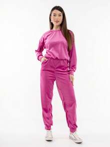 Women's Long Sleeve Velvet Plus Size Set With Pockets HF-CON-050 - 紫紅色 - 查看 1