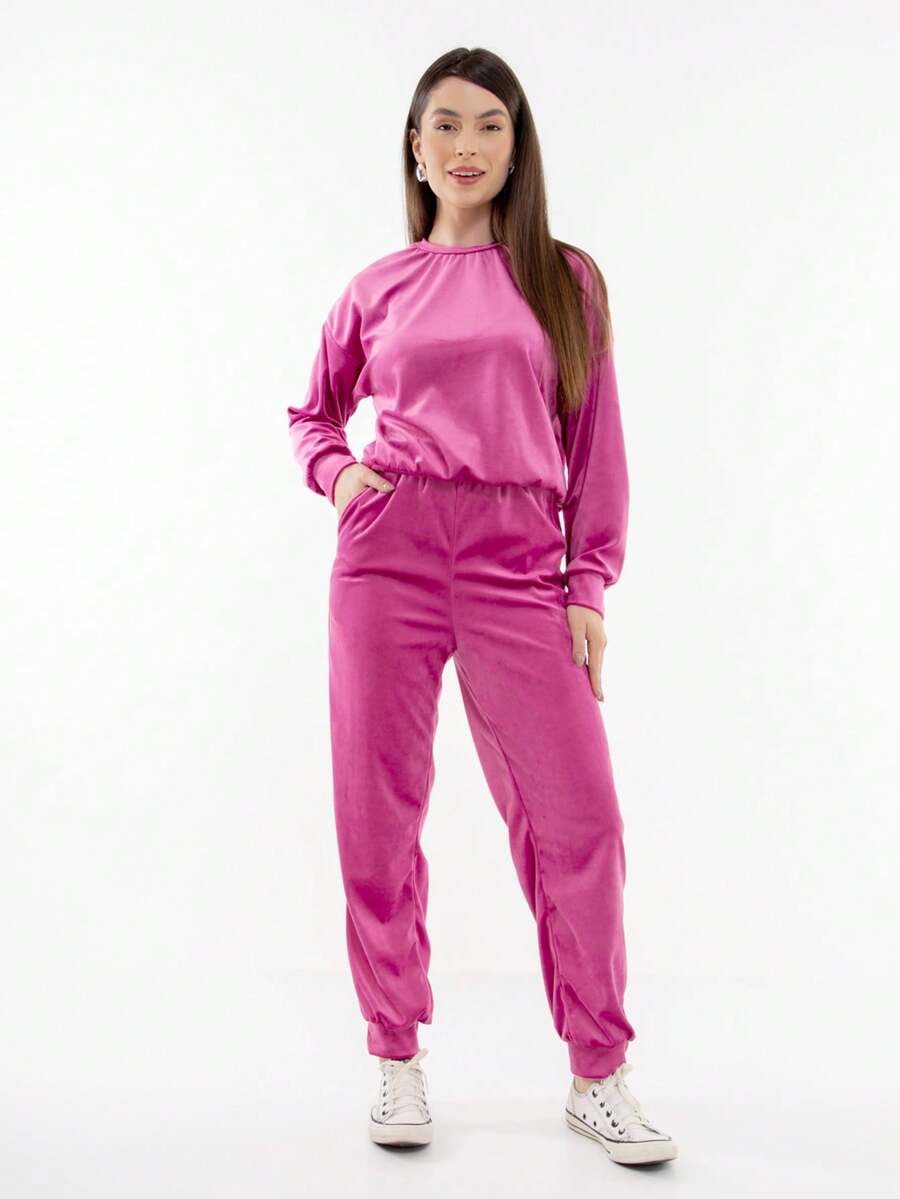 Women's Long Sleeve Velvet Plus Size Set With Pockets HF-CON-050 - 紫紅色 - 查看 1