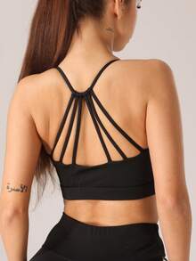 1pc Women Strappy Racerback Yoga Sports Bra With Removable Pads, Shockproof Wireless Fitness Bra