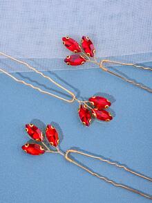 3件套优雅玻璃发夹发卡，简约闪亮水晶新娘婚礼发饰情人节配饰 - 紅色 - 查看 3