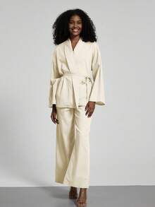 Women's Solid Color Casual Kimono Style Belted Cardigan And Pants Two Pieces Set - Beige - View 5