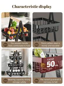 2/3层厨房果蔬篮，可拆卸木质提手收纳篮，多层设计，适用于厨房收纳整理，也可用于餐厅、咖啡厅、户外野餐、厨房收纳、家居装饰、情人节装饰等场合。