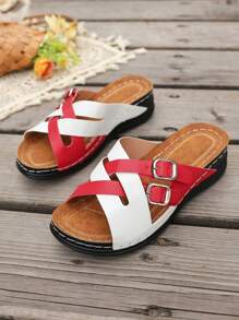 Wedge Heel Casual Slippers, New Crossed Strap Solid Color Open Toe Fishmouth Mother Sandals