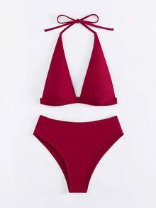 Letnia nowość, jednolity kolor, zestaw bikini, 2 sztuki, dekolt typu halter, krzyżowe plecy, wakacje na plaży - Burgund - Zobacz 7