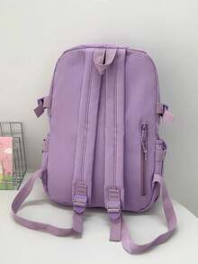 Two Tone Classic Backpack Letter Patch,Kawaii School Style: Cute Nylon Backpack With Pins & Accessor - Purple - View 6