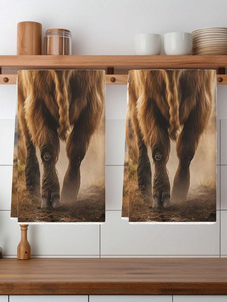 2Pcs Animal Towels Cartoon Bow Cow Watercolor Dog Floral Highland Cow Sloth Pattern Farmhouse Dish Towel Kitchen Dishwashing Hand Tea Towel Kitchen Drying Dish Towel Suitable For Kitchen Restaurant Dining Table - Brown - View 1