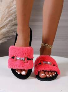 Women's Luxury Metal Lock Gem Decor Non-Slip Rubber Bottom Slippers, Casual Fashion Summer Red Fluffy Fur Slide Slippers