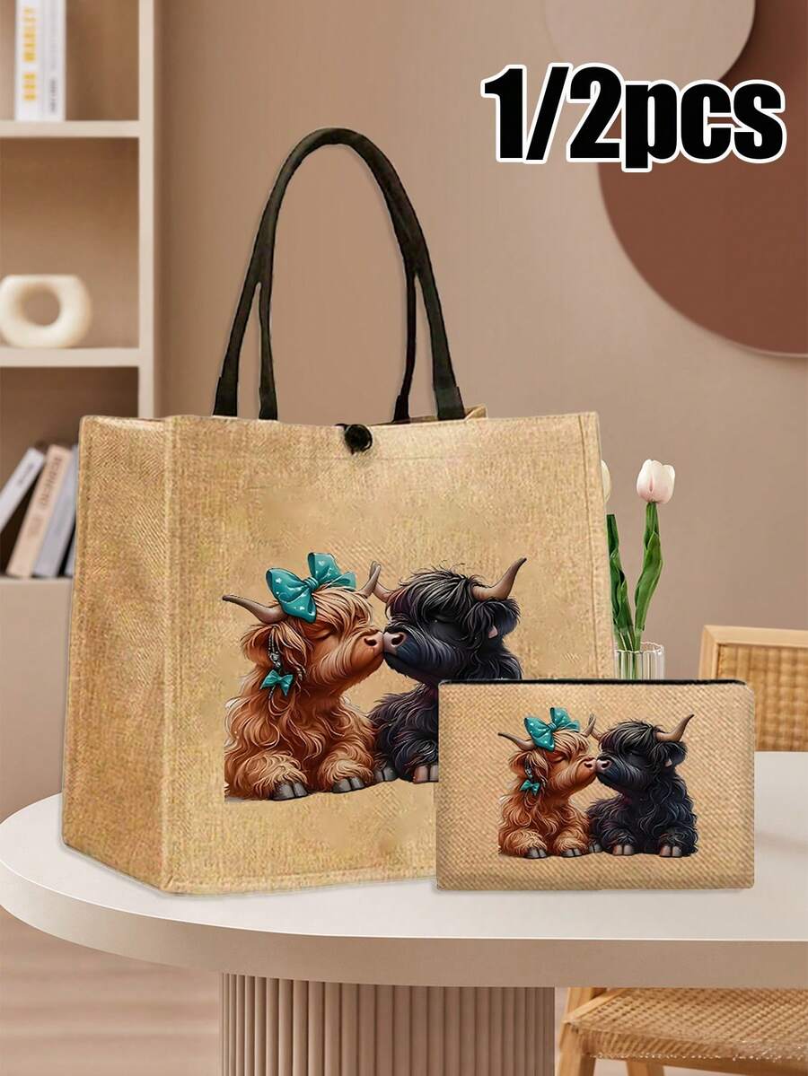 Adorable Highland Cow Printed Tote Bag, Large Capacity Tote Bag,Tote Bag And Makeup Pouch Set,Lightweight Large Capacity Tote Bag, Reusable Burlap Shopping Bag, Portable Travel Beach Bag With Makeup Bag, Travel Handbag For Holiday Vacation Weekend Getaway Short Trip,Personalized Birthday Gifts Present For Friend Her,Teacher's Day, Nurse's Day, Birthday, Anniversary, Best Gift For Mother's Day, Cute Highland Cow Bag For Women