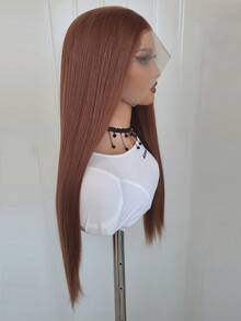 13x4 棕色天然直发合成蕾丝前假发，无缝发际线，耐热纤维，柔软直发，适合角色扮演 - 棕色 - 查看 7