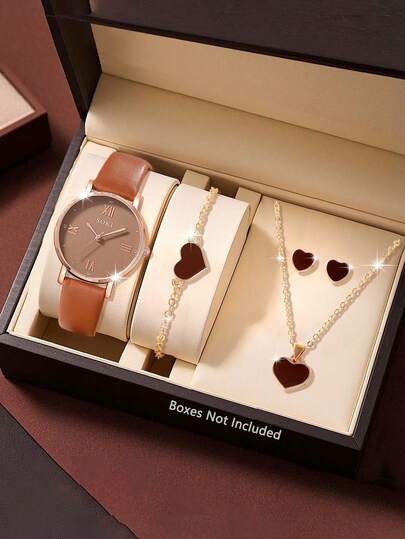 SOKI 5 st. set med damklockor med brunt PU-band och kvartsur, hjärtformade, halsband, örhängen och armbandstillbehör. Lämplig för damsammankomster, mors dag, födelsedagskläder eller present till systrar (ingen presentask)