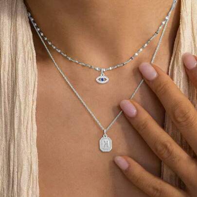 2件套新款眼睛字母吊坠项链套装，银色不锈钢多层项链，女士款