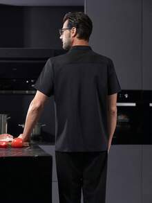 New Men's Short Sleeve Button Embroidery Decor Breathable Chef Coat With Small Stand Collar - Black - View 2