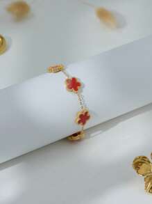 TONSI 1pc Elegant Minimalist Stainless Steel 18K Gold Plated 5-Leaf Clover Bracelet In Red, White, Black, Green Colors, Gift Box For Mother's Day, Wife, Teacher, Colleague