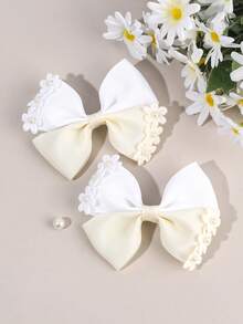 2pcs Flower Hair Bow Clips For Girls, Beige Bow Alligator Clips With Pearls, Elegant Hair Grosgrain Ribbon Barrettes, Toddler Girl Pigtail Hair Clips, Spring Birthday Wedding Gift, Kids Floral Hair Accessories. - Beige - View 8
