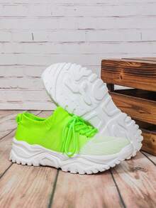Bright Neon Green Comfortable Round Toe Wedge Heel Fashionable Slip-On Casual Elastic Knit Unisex Sneakers, Breathable, Stylish, Convenient, Durable, Suitable For Sports And Leisure - Fluorescent Green - View 5