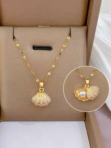 1pc Stainless Steel Micro-Inlaid Cubic Zirconia, Hollow Shell & Cultured Pearl Necklace - Yellow Gold - View 1