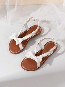 一双白色女童凉鞋新款蝴蝶结公主鞋松紧带设计软底休闲女童沙滩鞋夏季。 - 米色 - 查看 4