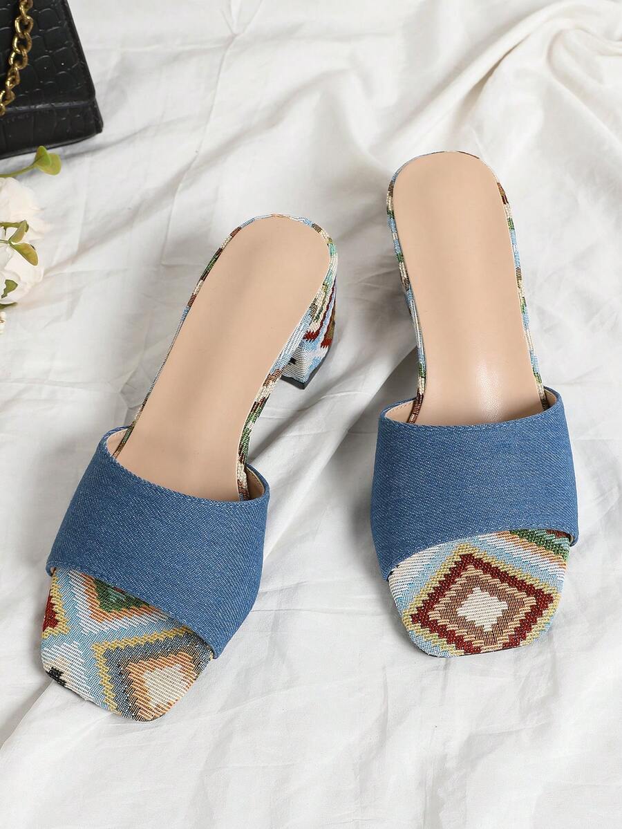 New Women's Light Blue High Heel Sandals, Simple Thick Heel Open Toe Slides - Baby Blue - View 1