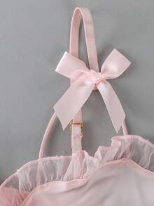 Women's Lace See-Through Ruffled Hem Pajamas With Bow Back Button Closure, Sexy One-Piece Sleepwear - Apricot - View 7