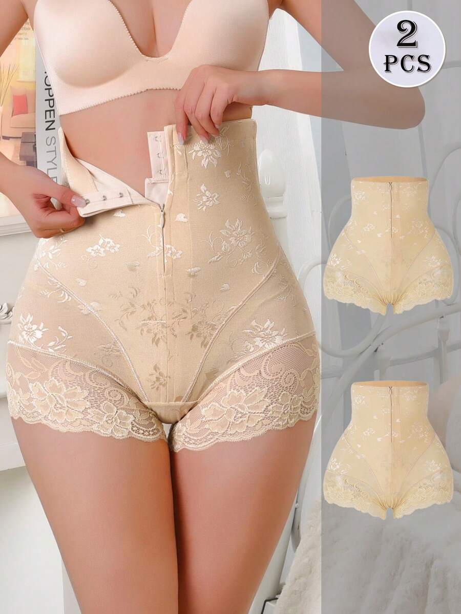 2pcs/Set Lace Zip Up Waist Shaper Tummy Control High Waist Seamless Postpartum Slimming Pants - Apricot - View 1