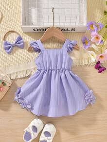 Newborn Baby Girl's Summer Romper Set  Ruffle Sleeveless Dress + Matching Headband  Breathable Cotton Outfit - Purple - View 3