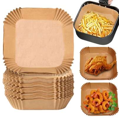 100/200 片 6.5 英寸空气炸锅纸垫，防油，防水，烘焙纸，适用于空气炸锅、烘焙、微波炉、家庭烹饪用品，200/100/50/25 片方形空气炸锅纸