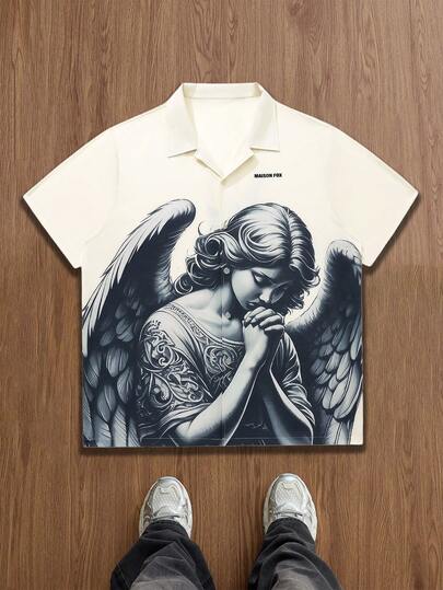 Men's Summer Tops Casual Beach Vacation Button Up Shirt Street Vintage Style Streetwear Angel Printed Casual Shirts