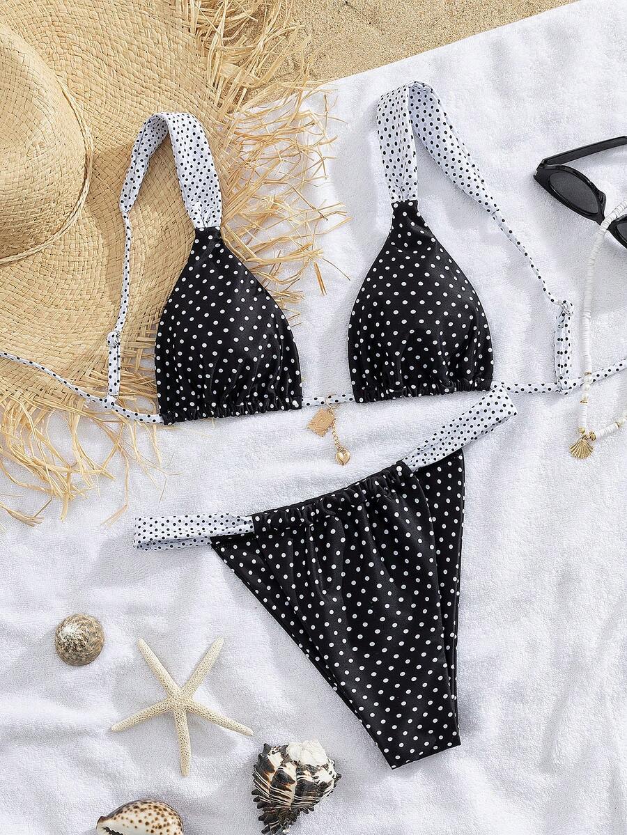 PEPPERMOLLY New Soft Adjustable Straps Printed Tie-Front Elegant Party Bikini Set, Summer Beach Fashion Swimwear For Women - Black and White - View 1