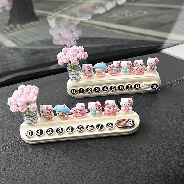 Sanrio 1pc Sanrio Hello Kitty Star Flower Vase Car Temporary Phone Number Plate, Cute KT Cat Creative Car Relocation Telephone Plate, Car Interior Decor, Ideal Holiday Gift
