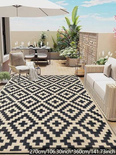 5x8 Ft Waterproof Outdoor Rug, Double-Sided Plastic Straw Patio Camping Carpet, Outdoor Indoor RV Mat Patio Rug, Outdoor Entrance, Backyard, Deck, Bench, Picnic, Camper, Black And Beige