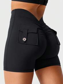 YEOREO Pink Shorts Workout Shorts With Pockets For Women V Back Scrunch High Waisted Shorts Charm Gym Yoga Biker Shorts - 黑色 - 查看 3